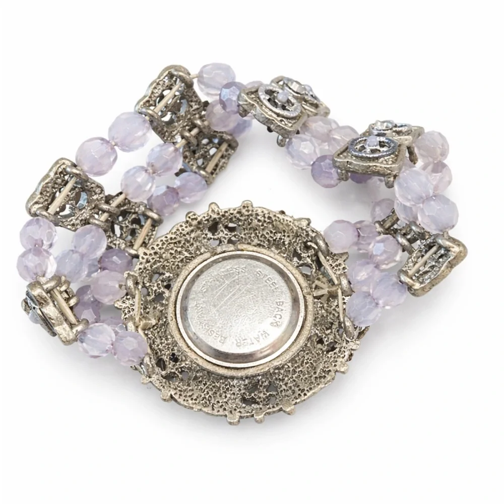 Vintage-Inspired Lavender Beaded Bracelet Watch with Amber Crystals - Picture 3 of 3